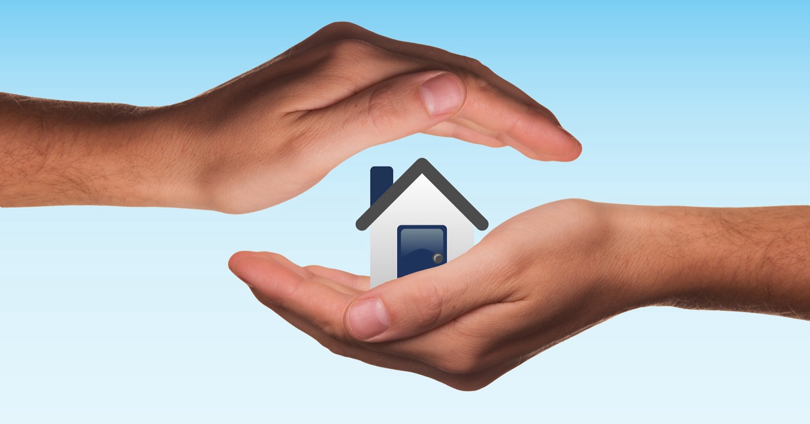 Hands cradling a small house, symbolizing home watch and care service